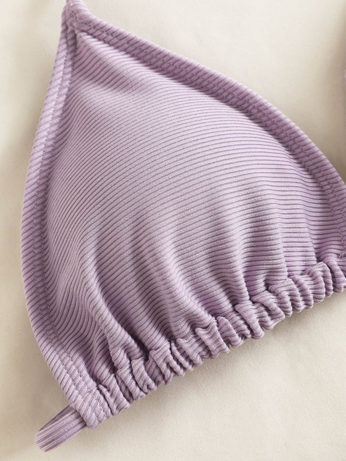 Solid Ribbed Thong Halter Bikini