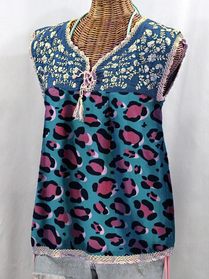 Leopard Sleeveless Cotton-Blend Vintage Shirts & Tops