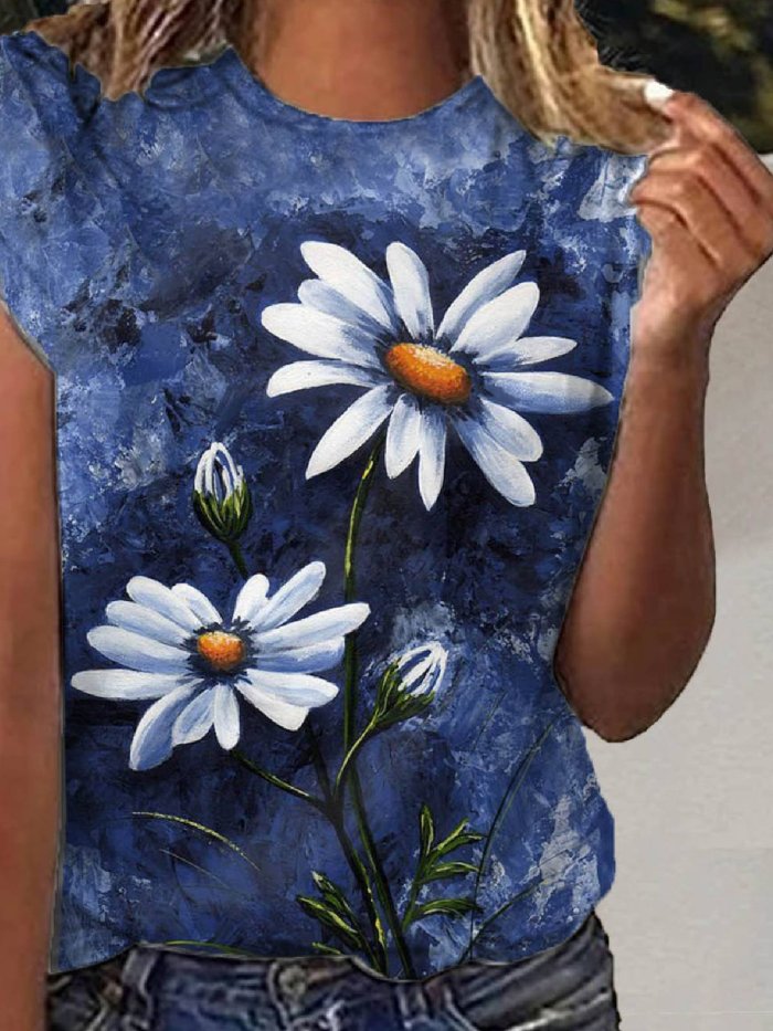 Crew Neck Short Sleeve Floral-Print Casual Shirts & Tops