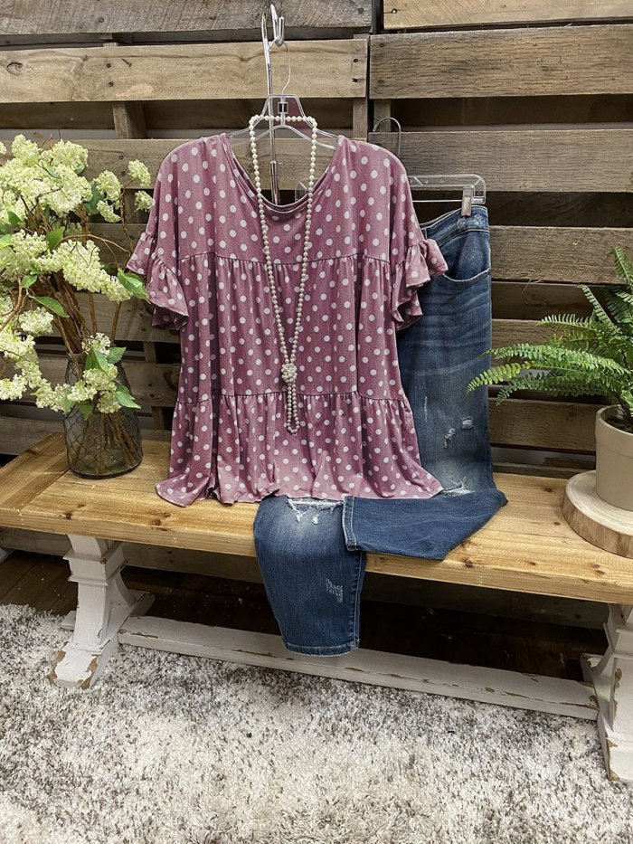 Ruffled Crew Neck A-Line Lady Shirt & Top