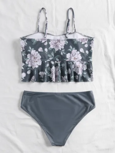 Floral Print Ruffle Hem Sling Bikini