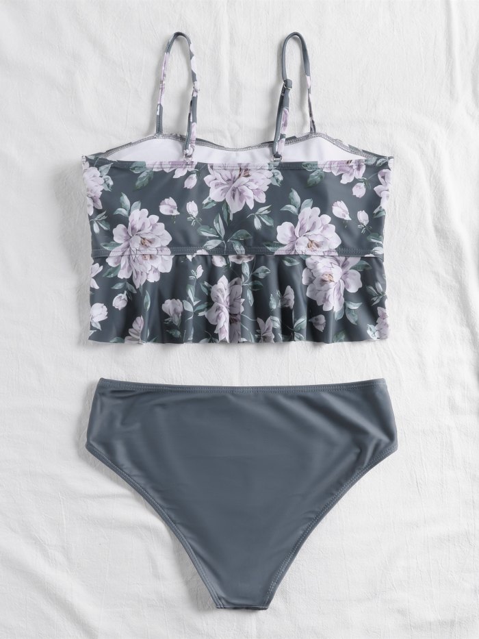 Floral Print Ruffle Hem Sling Bikini