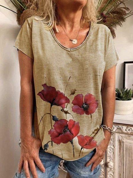 Gray Short Sleeve Printed Cotton Shirts & Tops