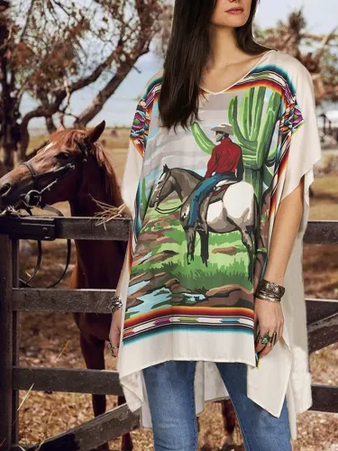 White V Neck Printed Holiday Jersey Shirts & Tops