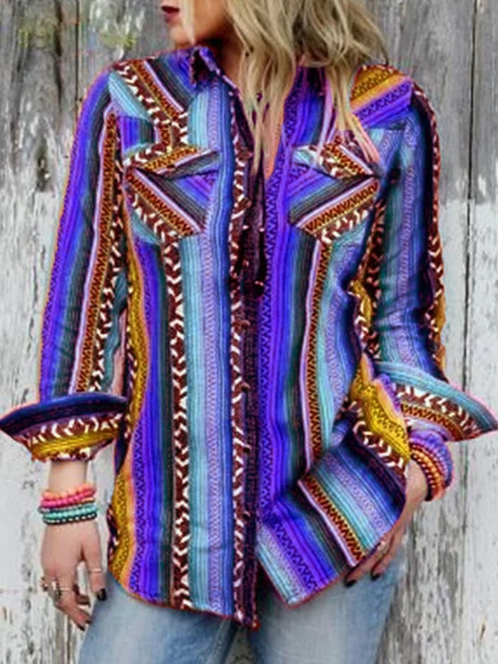 Multicolor Boho Shirt Collar Color-Block Striped Shirts & Tops