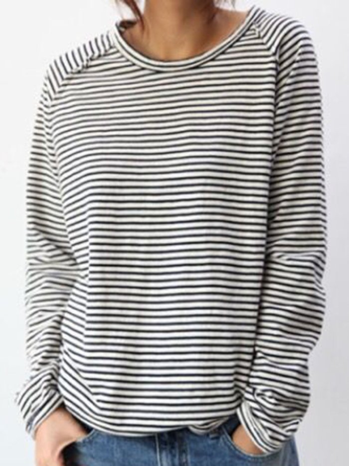 White-Black Long Sleeve Cotton Simple & Basic Shirts & Tops
