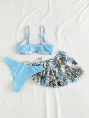 Leaf Print Skirt Three-Piece Bikini