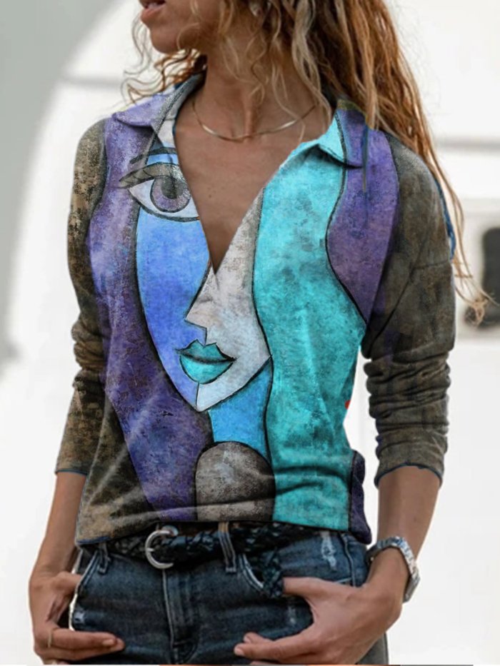 Long Sleeve Casual Abstract Shift Shirts & Tops