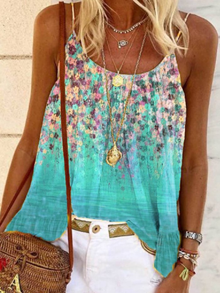 Floral-Print Floral Spaghetti Casual Shirts & Tops