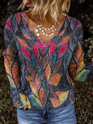 Long Sleeve Leaves V Neck Floral-Print tops