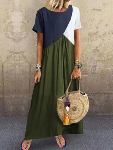 Crew Neck Brown Women  Shift Beach Cotton-Blend Shift Color-block,Leather-paneled Dresses