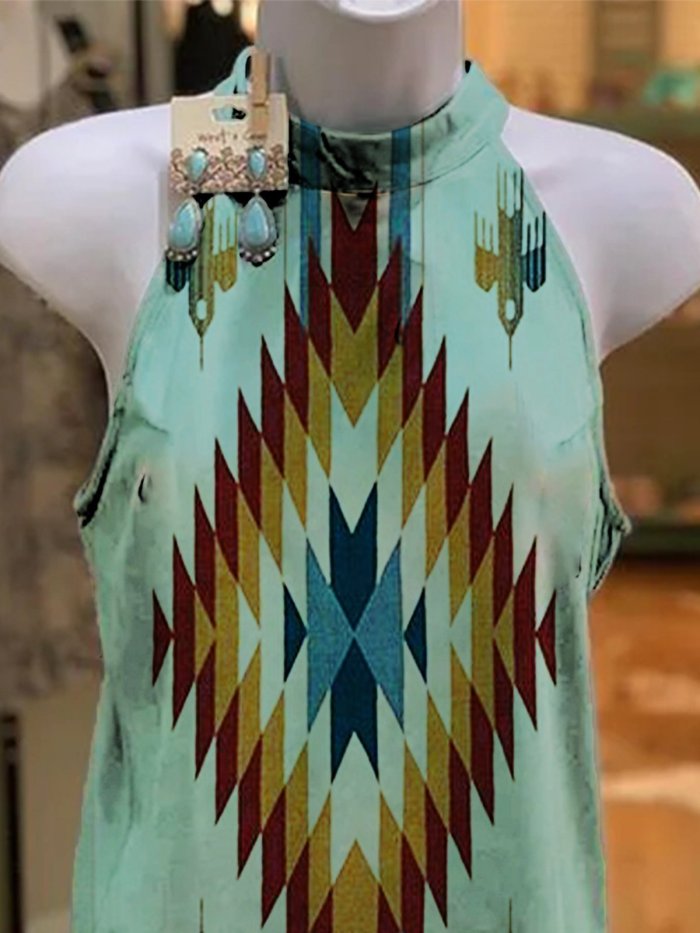 Boho Sleeveless Geometric Sweet Shirts & Tops