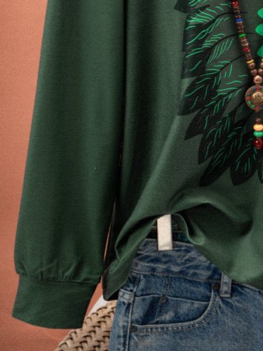 Round Neck Cotton-Blend Long Sleeve Color-Block Shirts & Tops
