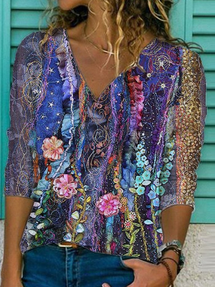 Printed Vintage Abstract Cotton-Blend Shirts & Tops