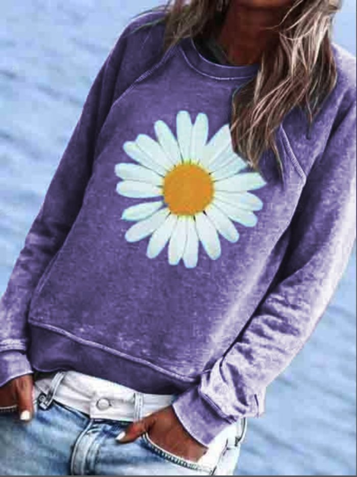 Blue Cotton-Blend Crew Neck Floral Casual Shirts & Tops