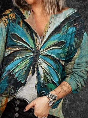 Cotton-Blend Long Sleeve Casual Floral Shirts & Tops