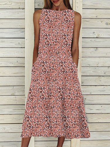 Pink Floral Crew Neck Casual Floral-Print Dresses