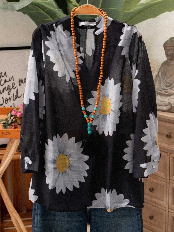 Plus size Floral Long Sleeve Shirts & Tops