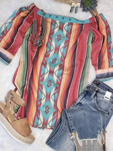 Boho Shift Half Sleeve Off Shoulder Sweet Shirts & Tops