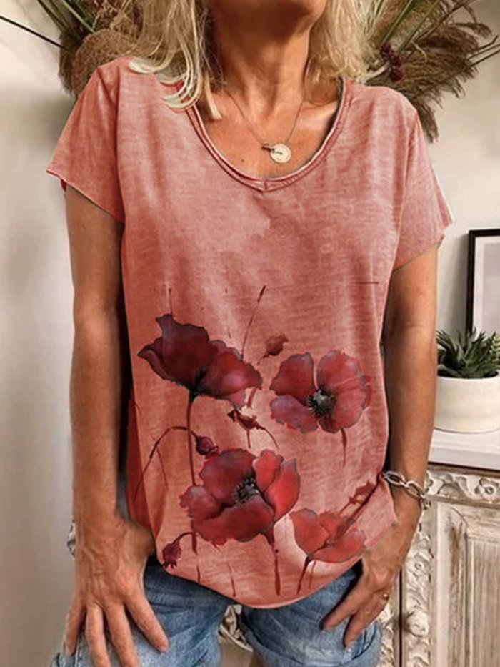 Gray Short Sleeve Printed Cotton Shirts & Tops