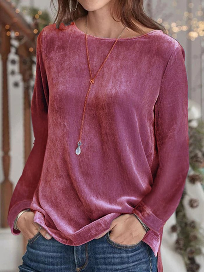 Plain Long Sleeve Casual Crew Neck Shirts & Tops