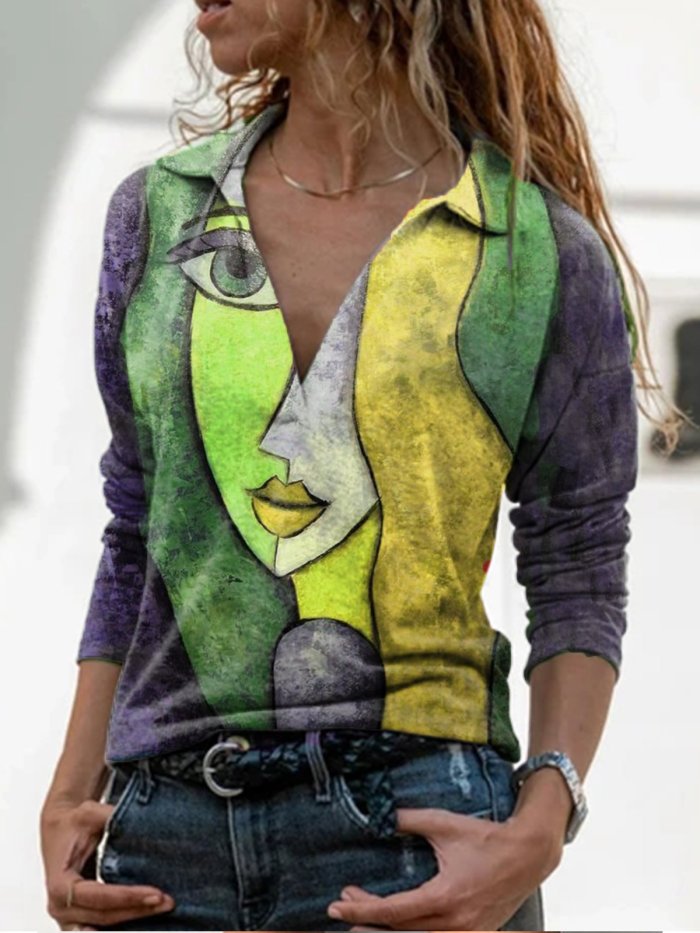 Long Sleeve Casual Abstract Shift Shirts & Tops