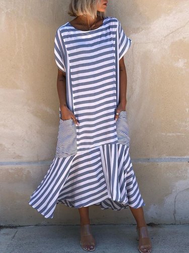 Plus Size Casual Stripes Short Sleeve Pockets Crew Neck Dresses