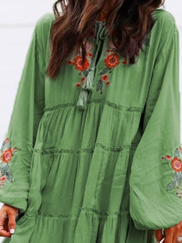 Plus Size Long Sleeve  Floral  Tassel Charm  Elegant Casual  Mini  Dresses