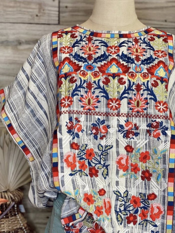 Boho Shift Pastoral Batwing Crew Neck Shirts & Tops