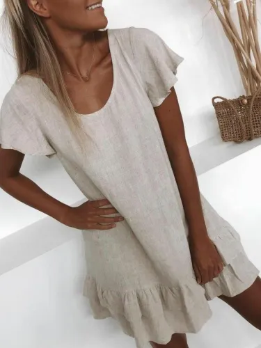 Plus Size Casual U-Neck Solid Short Sleeve Mini Dresses