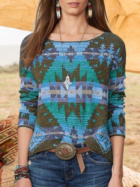 Plus Size Geometric Long Sleeve Boho Tops
