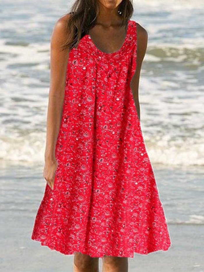 Plus Size Floral Print Beach Women Summer Midi Dresses