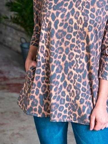 Vintage Printed Leopard 3/4 Sleeve Shirts & Tops