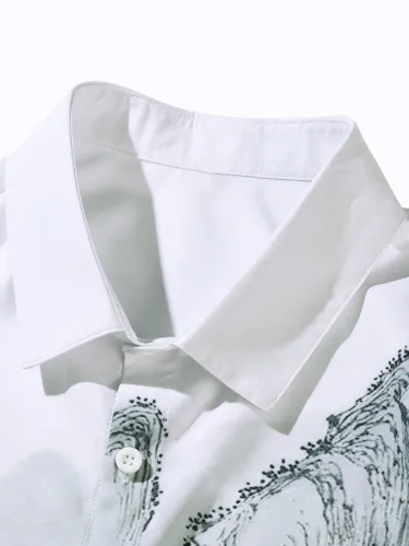 Men's Chinese Landscape Painting Graphic Button Blouse