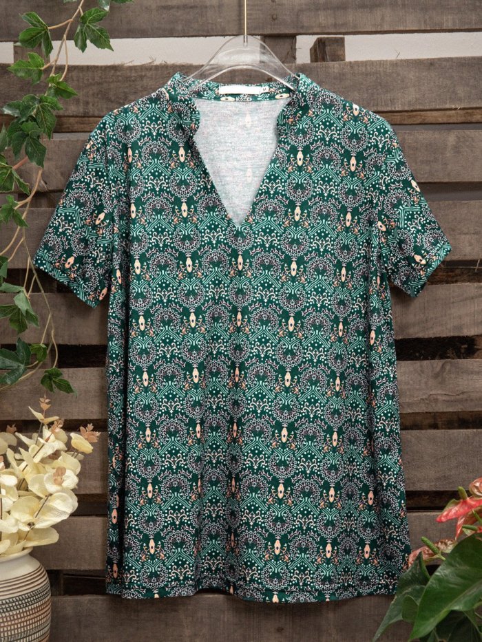 Casual vintage v-neck short sleeve top