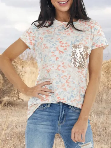 Floral-Print Crew Neck Leopard Romantic Shirts & Tops