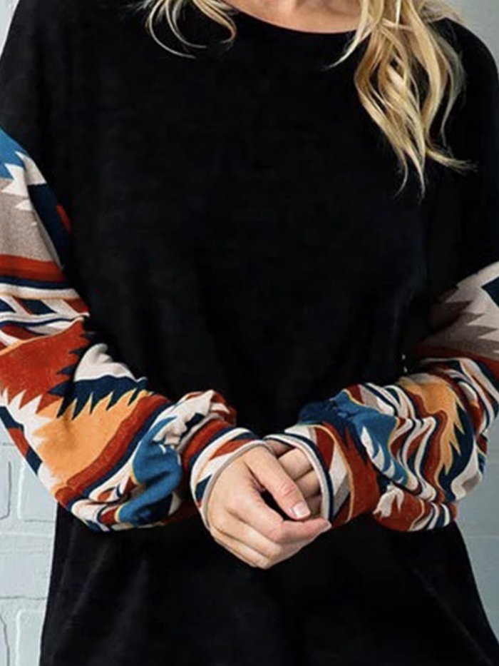 Plus Size Cotton-Blend Tribal Long Sleeve Vintage Shirts & Tops