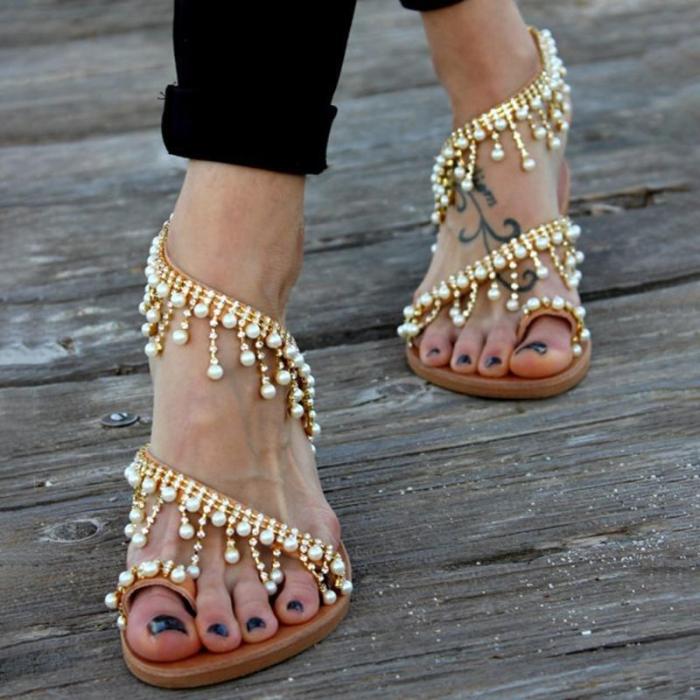 Women Plus Size Imitation Pearls Sandals Casual Slip-On Sandals
