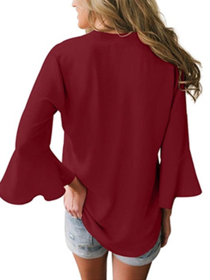 Casual V Neck Solid Blouse