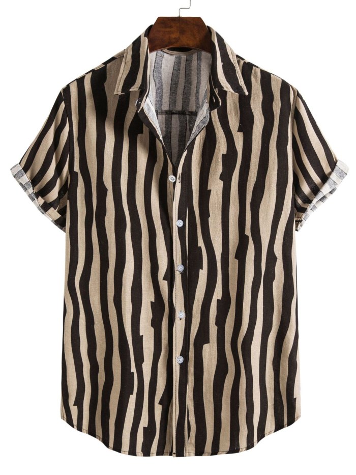 Men’s Stripe Print Pocket Short Sleeve Shirt