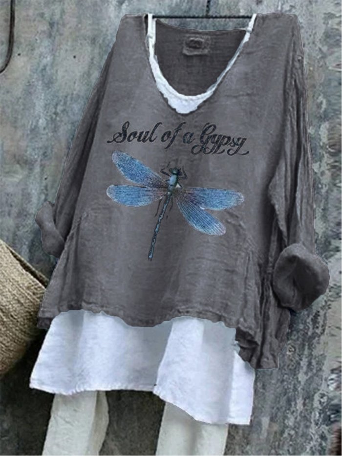 Blue Long Sleeve Animal Cotton-Blend V Neck Shirts & Tops