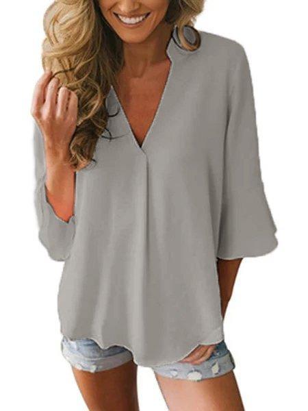 Casual V Neck Solid Blouse