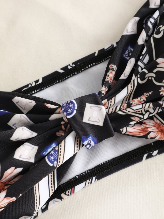 Chain Floral Print Halter Three-Piece Bikini