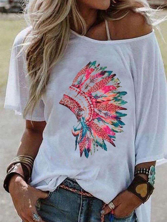 Casual Loose Print Big Round Neck Short Sleeve T-Shirt