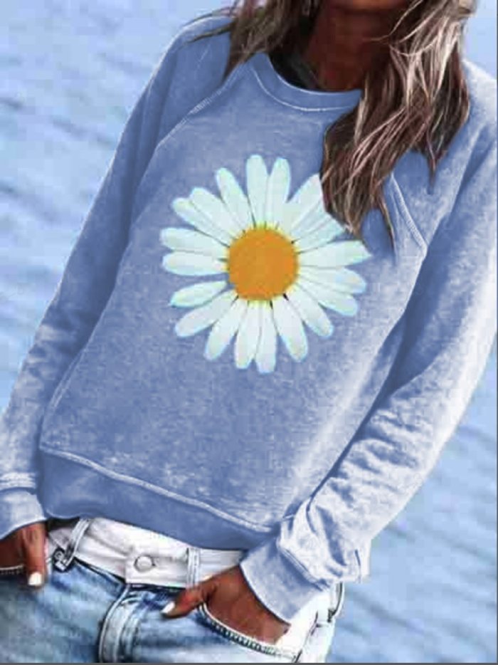 Blue Cotton-Blend Crew Neck Floral Casual Shirts & Tops