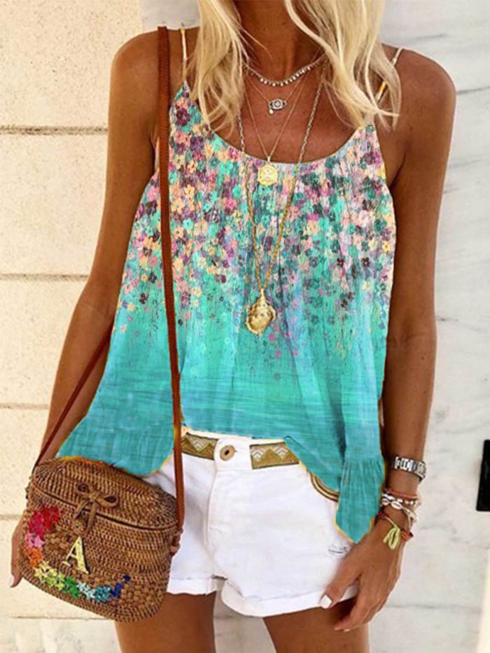 Floral-Print Floral Spaghetti Casual Shirts & Tops