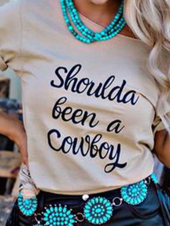 Creamy White Crew Neck Letter Shift Casual Shirts & Tops