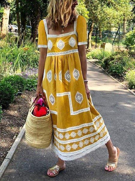 Plus Size Women Short Sleeve Vintage Floral Casual Dresses