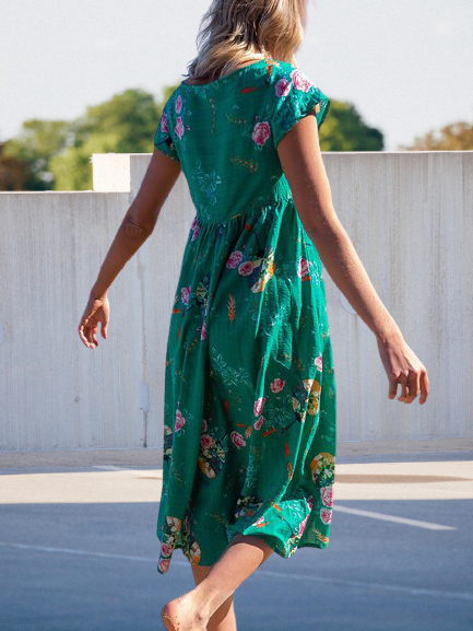 Casual Short Sleeve Cotton-Blend Floral Dresses