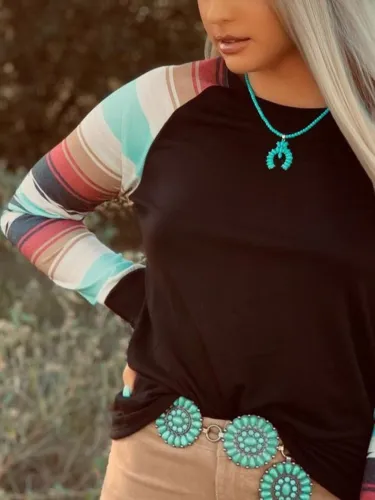 Geometric Long Sleeve Paneled Shirts & Tops